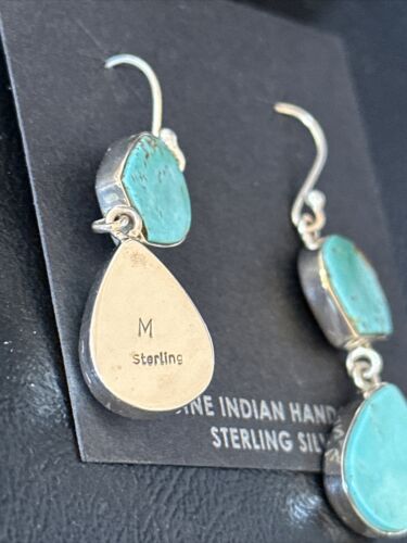 Kingman Turquoise Dangle Earrings | Navajo Handmade | Sterling Silver | Authentic Native American | 14579