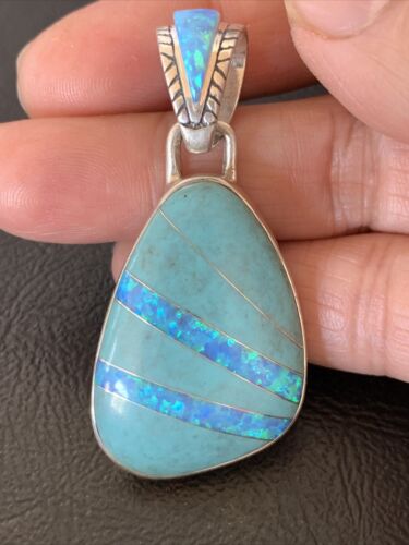 Men's Women's Navajo Blue Turquoise Opal Inlay Pendant | Sterling Silver | Authentic Native American Handmade | 12489