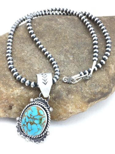 Navajo Sterling Silver Necklace | Spiderweb Turquoise Pendant | 2.25" | Authentic Native American Handmade | 13918