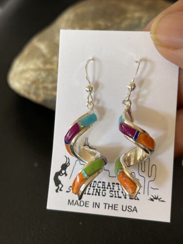 Navajo Swirl Turquoise Spiny Opal Inlay Earrings | Sterling Silver | 1.25" | 1554