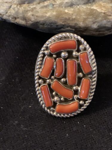 Navajo Red Coral Cluster Ring | Authentic Native American Sterling Silver | Multi-Stone | Sz 9 | 00509