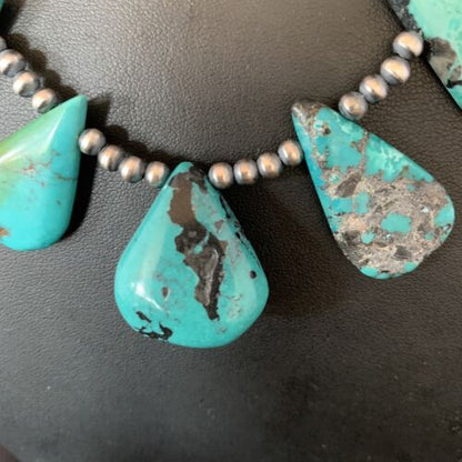 Southwestern Navajo Pearls Necklace | Sterling Silver | Blue Turquoise Teardrop | 13156