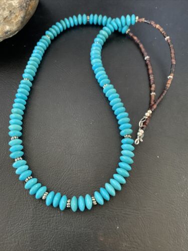 Navajo Pearls Bead Necklace | Blue Turquoise | Sterling Silver | 24" | Authentic Native American Handmade | 12538