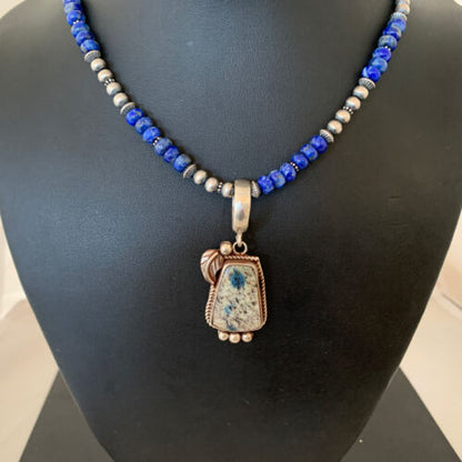 Men's  Navajo Pearls Lapis Azurite Pendant Necklace | Sterling Silver | Authentic Native American Handmade | 01928