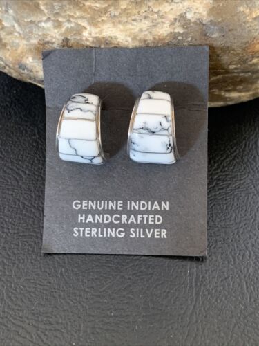 Navajo White Buffalo Turquoise Inlay Earrings | Sterling Silver | 0.5" | Authentic Native American Handmade | 12996
