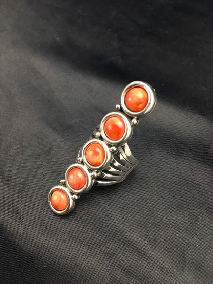 Navajo Red Spiny Oyster Cluster Ring | Authentic Native American Sterling Silver | Multi-Stone | Sz 8.75 | 2586
