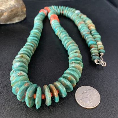 Navajo Green Turquoise & Spiny Oyster Necklace | Sterling Silver | Authentic Native American | 26" | 13908