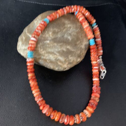Navajo Turquoise & Red Spiny Oyster Graduated Necklace | Sterling Silver | Authentic Native American | 22" | 13516