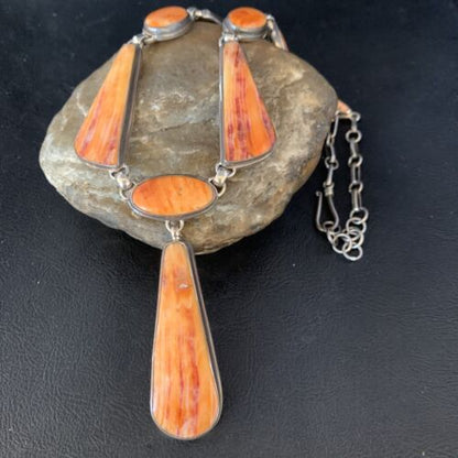 Navajo Lariat Necklace with Orange Spiny Oyster Pendant | Sterling Silver | 20" | Authentic Native American Jewelry | 13883
