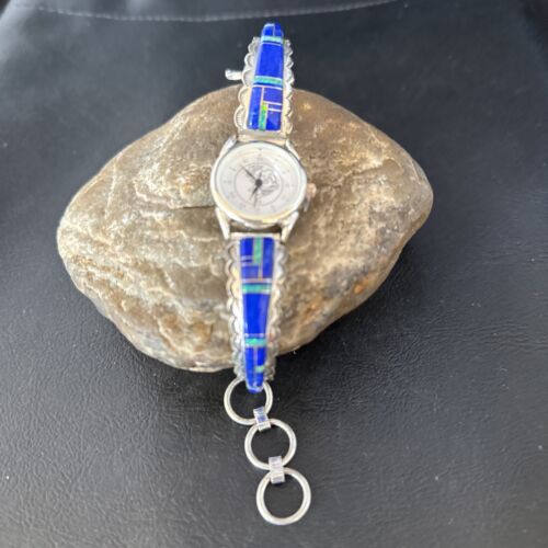 Authentic Navajo Blue Lapis & Opal Inlay Wristwatch | Sterling Silver Tips | Native American Jewelry | 14394