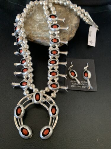 Navajo Coral Squash Blossom Necklace & Earrings Set | Sterling Silver | Authentic Native American Handmade | 13361