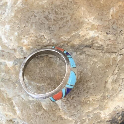 Navajo Multi-Color Turquoise Lapis Coral Mother of Pearl Inlay Ring | Sterling Silver | Sz 7.5 | 12398