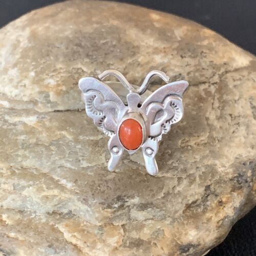 Navajo Red Spiny Oyster Butterfly Ring | Sterling Silver | Adj Sz 8 | Authentic Native American Handmade | 10341