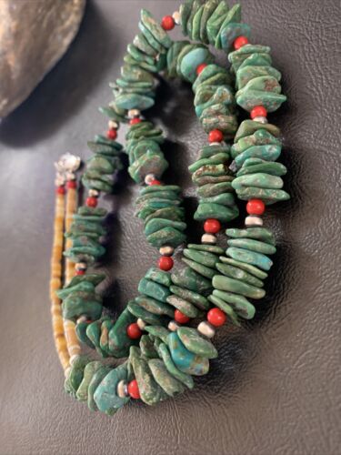 Navajo Green Turquoise Coral Shell Necklace | Sterling Silver | 28" | Authentic Native American Handmade | 11710
