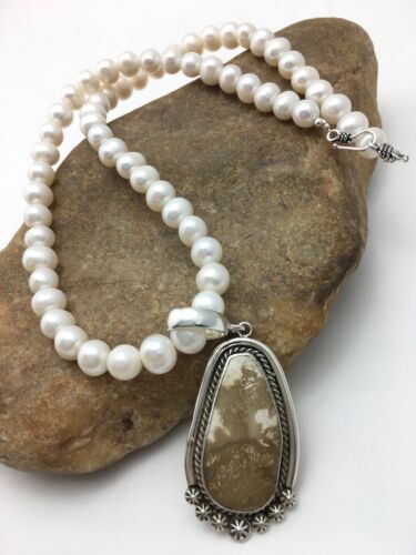 Nevada Turquoise and White Pearl Pendant Necklace | Sterling Silver | 20" | 4390