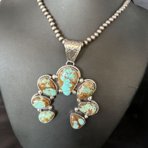 Navajo Blue #8 Turquoise Squash Blossom Necklace Pendant | Authentic Native American Sterling Silver | Naja | 14241
