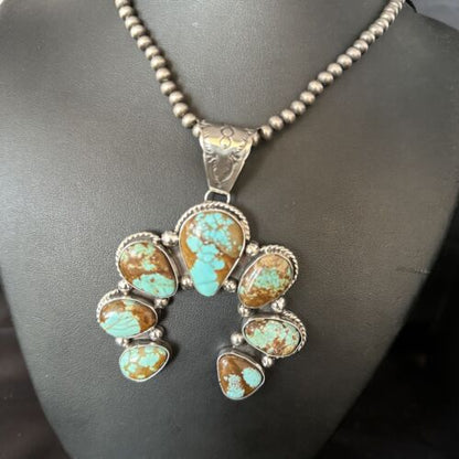 Navajo Blue #8 Turquoise Squash Blossom Necklace Pendant | Authentic Native American Sterling Silver | Naja | 14241