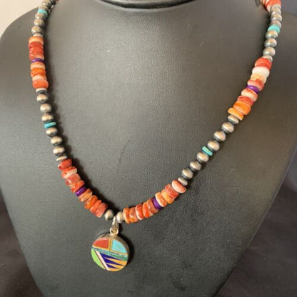 Navajo Multi-Color Spiny Turquoise Inlay Pendant Necklace | Sterling Silver | Authentic Native American Handmade | 12720