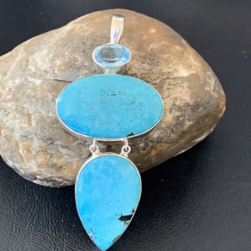 Navajo Blue Topaz Turquoise Multi-Stone Pendant | Authentic Native American Sterling Silver | 3.5" | 12024