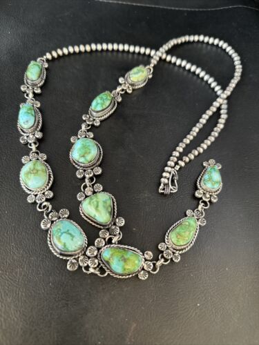 Navajo Sonoran Gold Turquoise Lariat Necklace | Sterling Silver | Native American Handmade | 14347