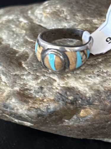 Navajo Picture Jasper Turquoise Inlay Ring | Sterling Silver | Sz 6 | Authentic Native American Handmade | 01706
