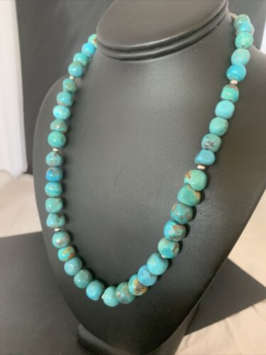 Navajo Blue Turquoise Bead Necklace Pendant | Sterling Silver | Authentic Native American Handmade | 20" | 02205