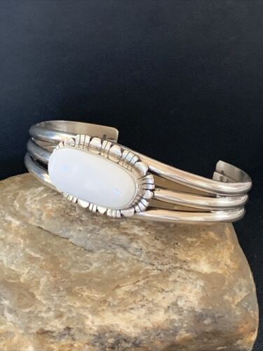 Navajo White Buffalo Turquoise Cuff Bracelet | Sterling Silver | Authentic Native American Handmade | 1423
