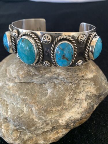 Navajo Sterling Silver Blue Kingman Turquoise Cuff Bracelet | 5 Stones | Authentic Native American Handmade | 863