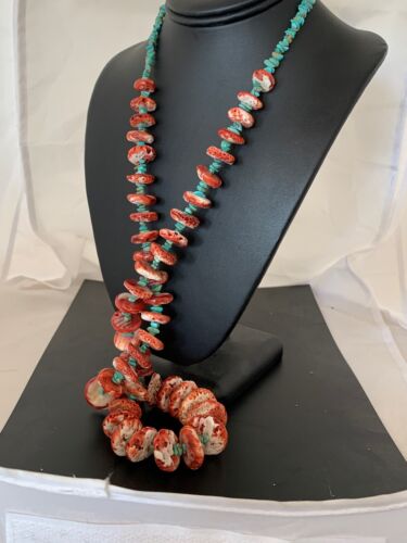 Native Red Spiny Oyster & Turquoise Navajo Sterling Silver Necklace 4679