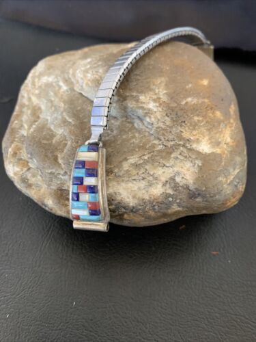 Navajo Sterling Silver Watch Tips | Turquoise Coral Mother of Pearl Inlay Band | Authentic Native American Jewelry | 12137
