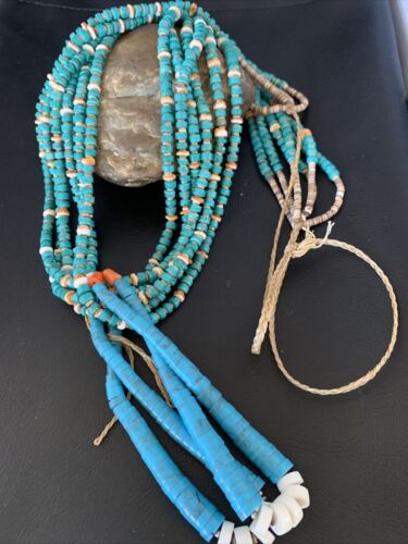 Native American Santo Domingo Spiny Blue Turquoise Shell Jacla Necklace | 36" | 13193
