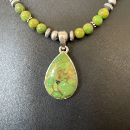 Women's Navajo Pearl Necklace with Green Mojave Turquoise Pendant | Sterling Silver | Native American Handmade | 10581