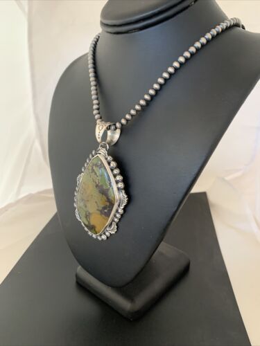 Navajo Green Kingman Turquoise Pendant Necklace | Sterling Silver | Authentic Native American Handmade | 1311