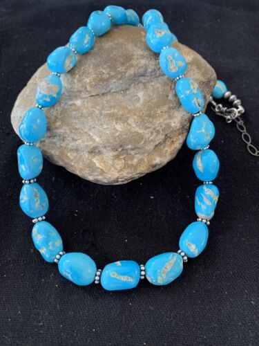 Navajo Sleeping Beauty Turquoise Beads Necklace | Sterling Silver Pearls | Authentic Native American Handmade | 00800