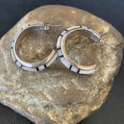 Navajo Pink Mother of Pearl and Onyx Inlay Hoop Earrings | Sterling Silver | Authentic Native American Handmade | 12674