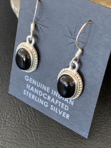 Native American Navajo Black Onyx Drop Earrings | Sterling Silver Dangle | 0.5" | 12647