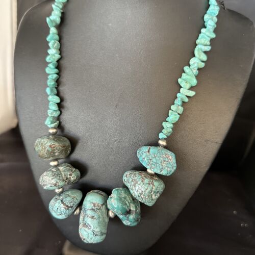 Navajo Chunky Blue Turquoise Nugget Necklace | Sterling Silver | Authentic Native American Handmade | 20" | 14415