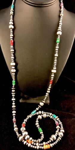 Navajo Pearls Turquoise Coral Bead Necklace | 51" Single Strand Sterling Silver | Southwestern Native American | 8112