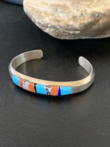 Navajo White Buffalo Turquoise Spiny Opal Inlay Bracelet | Sterling Silver | Authentic Native American Handmade | 12239 - Masha USA