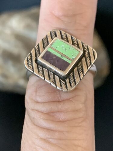 Navajo Multi-Color Green Gaspeite Sugilite Inlay Ring | Sterling Silver | Sz 6.25 | 13135