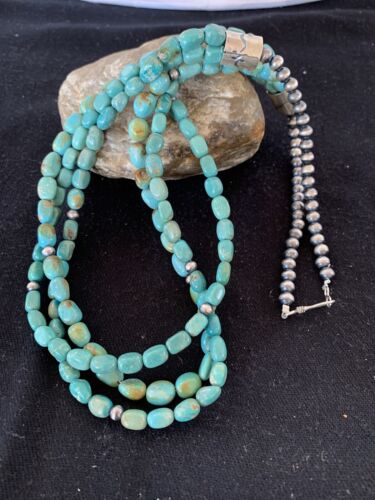 Navajo Royston Turquoise Necklace | 3 Strand | Sterling Silver | Authentic Native American Handmade | 494 - Masha USA