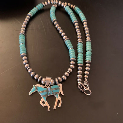 Navajo Horse Inlay Pendant | Blue Turquoise & Opal | Sterling Silver | Authentic Native American Handmade | 11469