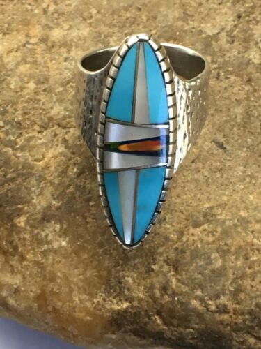 Navajo Multi-Color Opal & Turquoise Inlay Ring | Sterling Silver | Sz 8 | Authentic Native American Handmade | 01593
