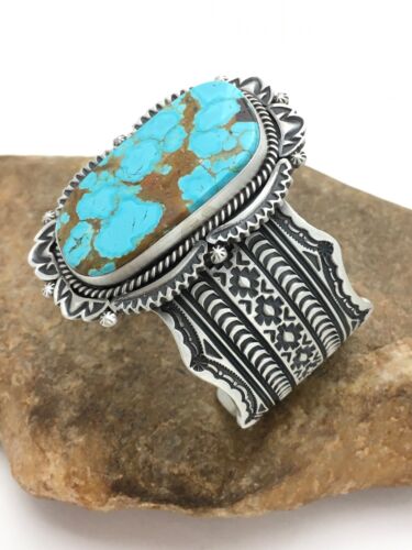 Navajo Men's Turquoise #8 Cuff Bracelet | Sterling Silver | Authentic Native American Handmade | 13646