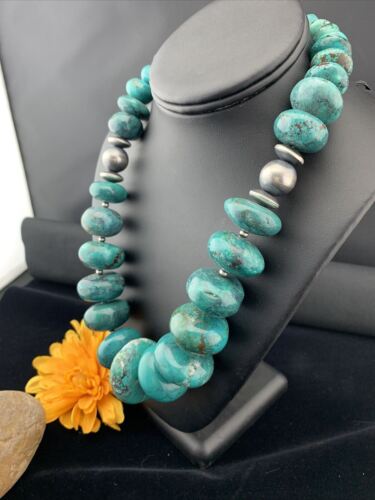 Men's Navajo Pearl Sterling Silver Necklace | Graduated Blue Chunky Turquoise | Authentic Native American | 24" | 01744