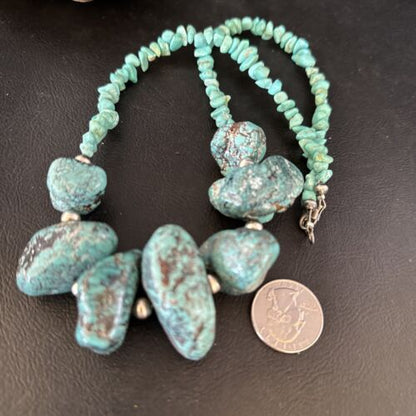 Navajo Chunky Blue Turquoise Nugget Necklace | Sterling Silver | Authentic Native American Handmade | 20" | 14416