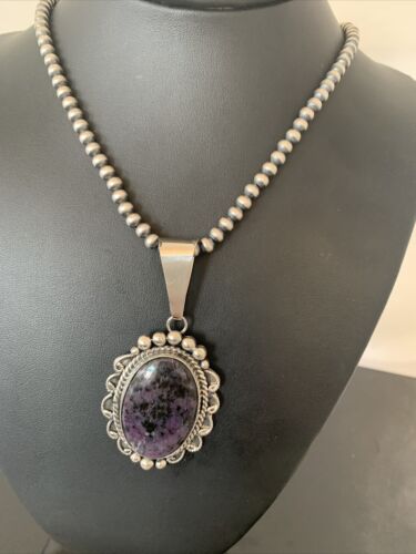 Men's Navajo Pearls Necklace | Sterling Silver Purple Sugilite Pendant | Authentic Native American | 1535