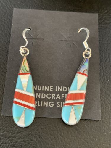 Navajo Multi-Color Turquoise Spiny Opal Inlay Earrings | Sterling Silver | 1.5" | 12999