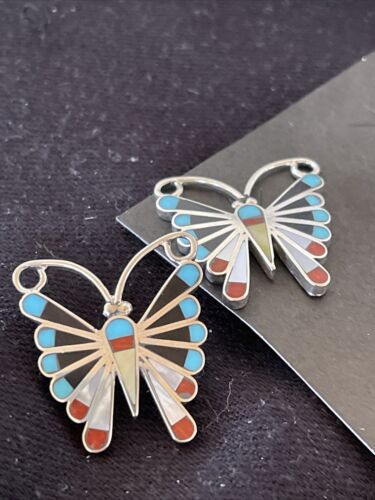 Native American Zuni Sterling Silver Inlay Earrings | Turquoise Coral Mother of Pearl | 1085