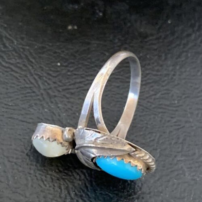 Navajo Blue Turquoise Moonstone Ring | Authentic Native American Sterling Silver | Multi-Stone | Sz 6.5 | 10770